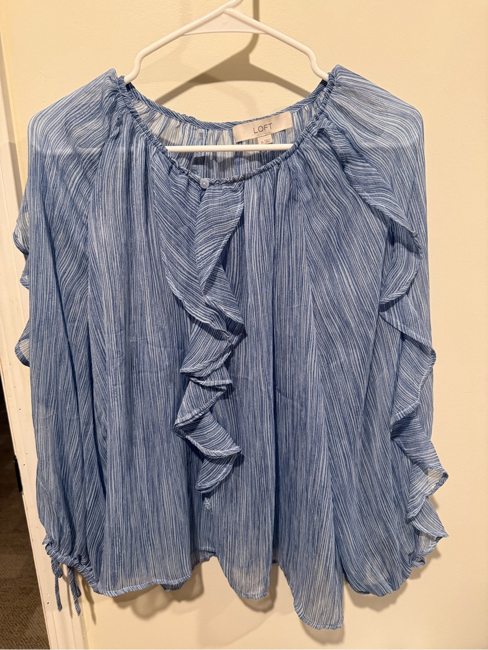 LOFT Light Blue Striped Ruffle Blouse